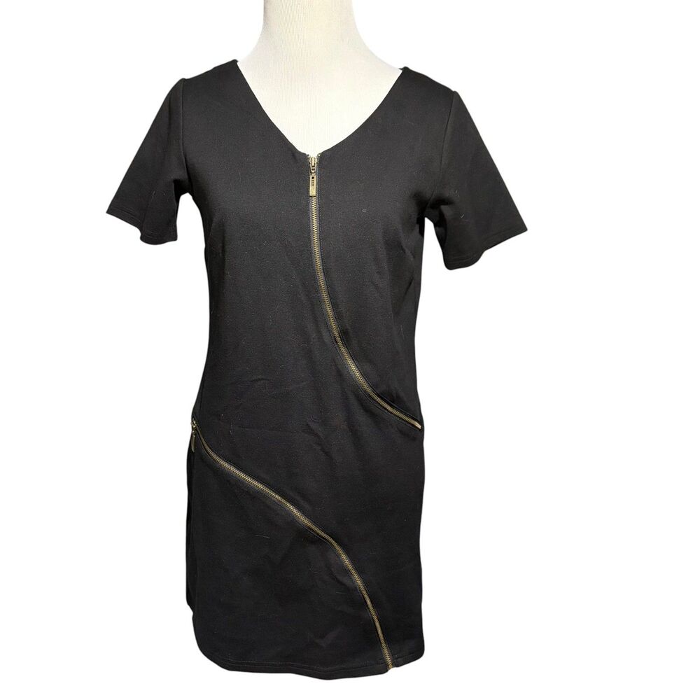 Mark Zunino Black Mini Dress XXS Gold Zipper Short Sleeve Bodycon Sheath Y2K